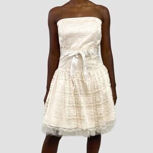 Vintage 90s Jessica McClintock Gunne Sax Cream Strapless Lace Tulle Dress Sz 10